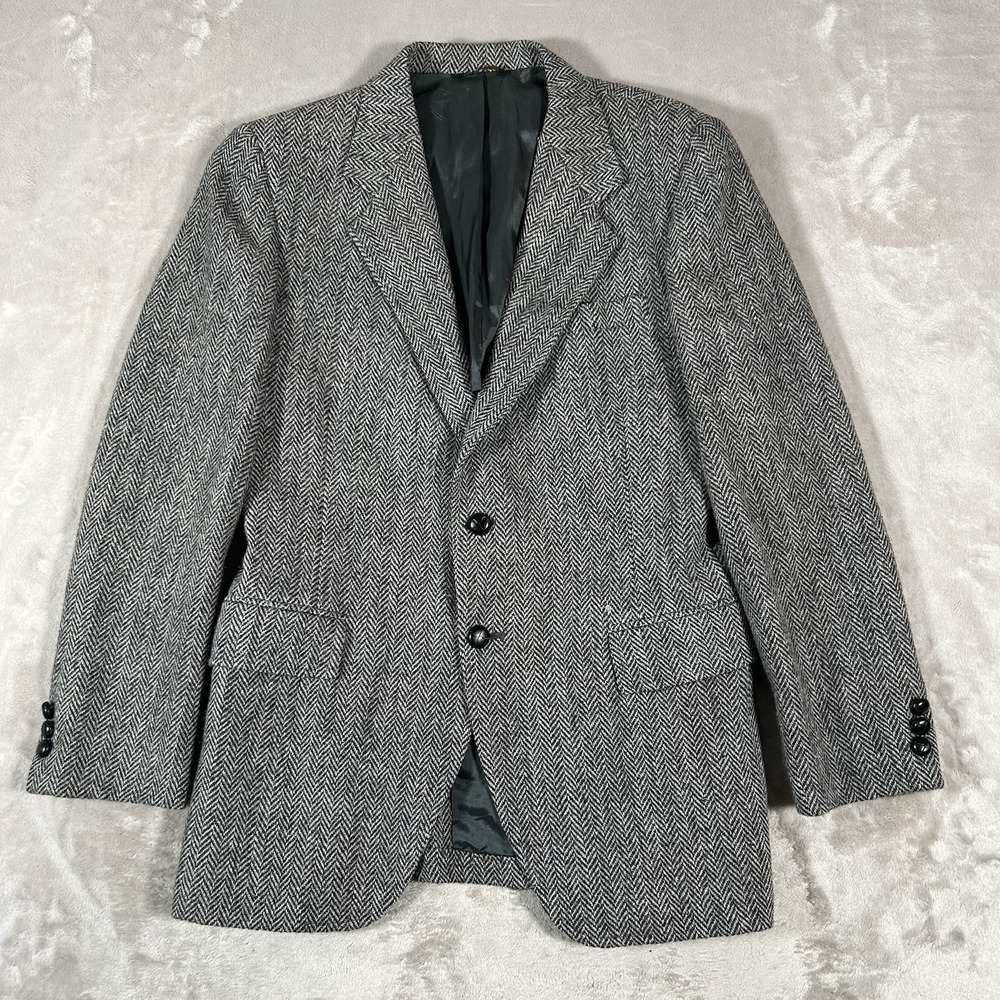 VTG Harris Tweed Blazer Mens 40R Gray Herringbone Wool Handwoven Sport Coat